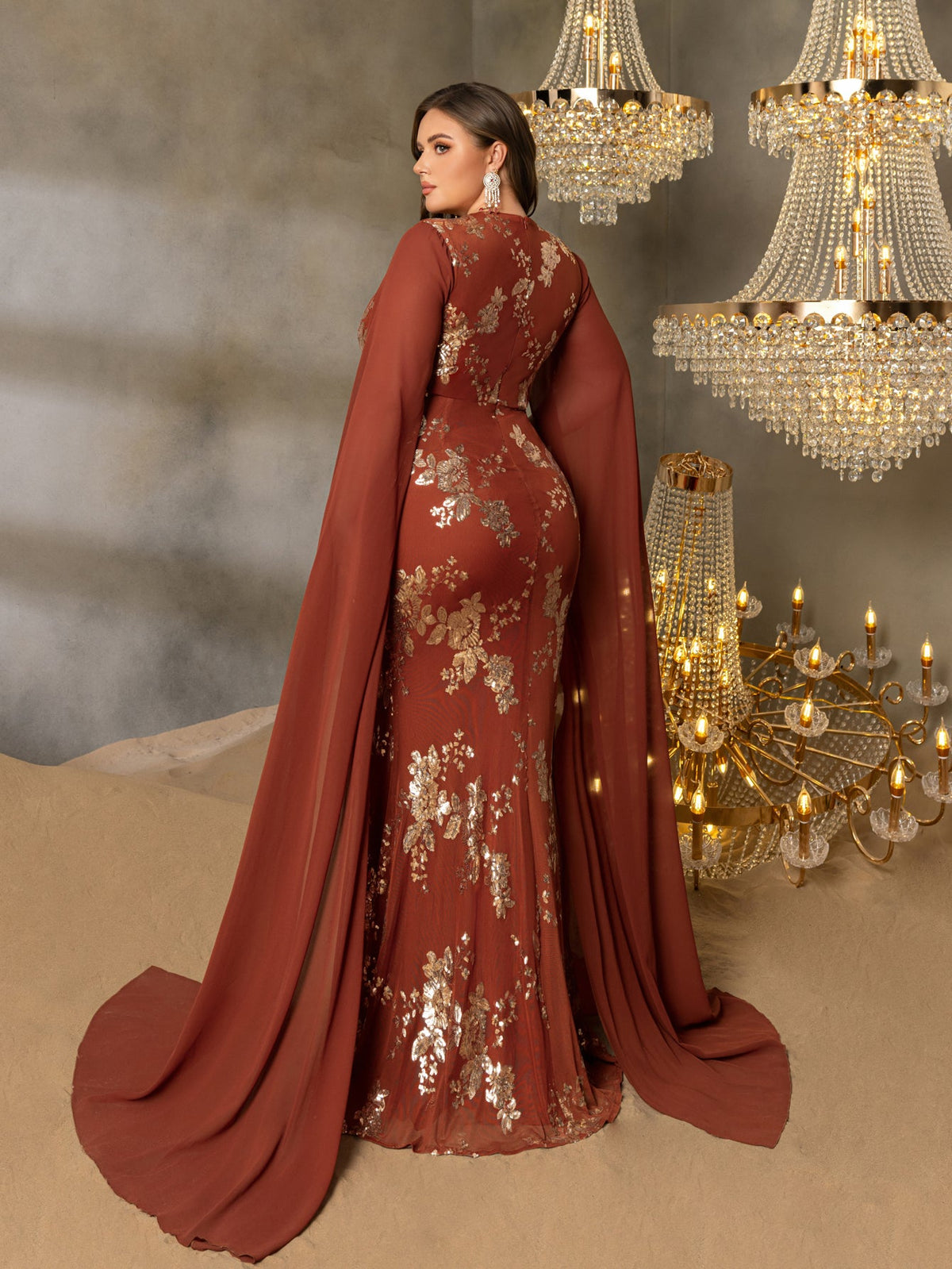 Plus Gorgeous Sequin Embroidery Evening Gown - V-Neck Mermaid Dress with Cape Sleeves & High Slit