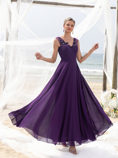 Women's Elegant Mother-of-the-Bride Gown: Floral Appliqué V-Neck & Chiffon Skirt – Open-Back Wedding Formal Dress – view 6
