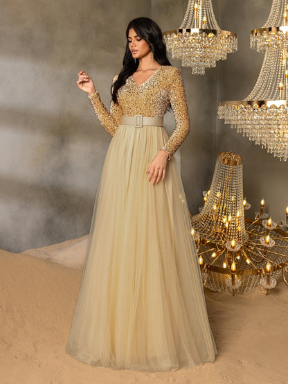 Elegant Sequin Long Sleeve V-Neck Evening Gown with Sheer Tulle Skirt, High Waist Belt | Flowy Formal Dress for Special Occasions