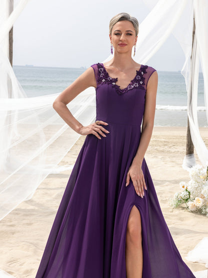 Women's Elegant Mother-of-the-Bride Gown: Floral Appliqué V-Neck & Chiffon Skirt – Open-Back Wedding Formal Dress – view 7