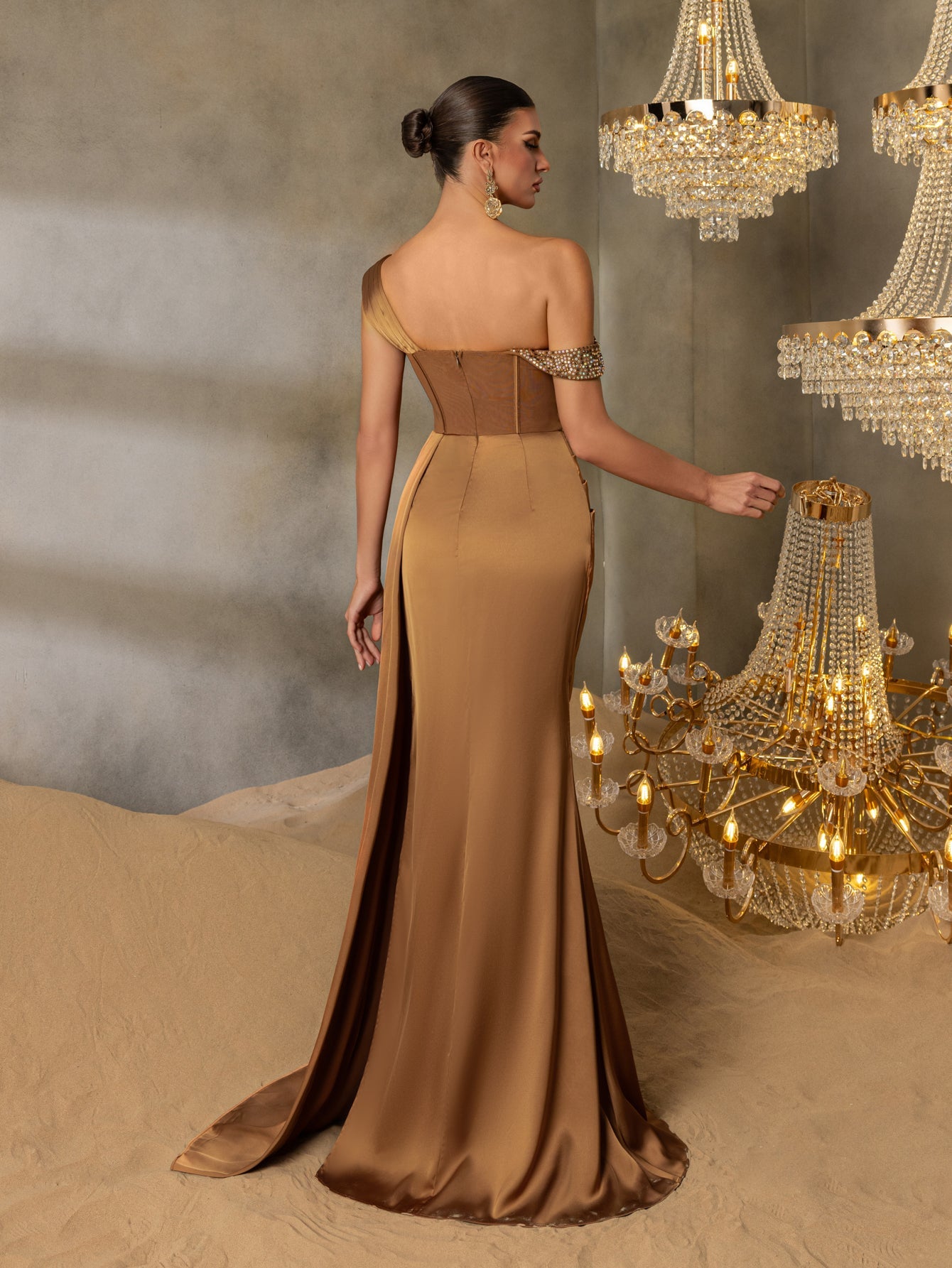 Asymmetrical Neck Split Thigh Satin Mermaid Dress