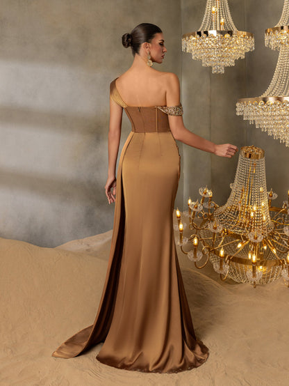 Asymmetrical Neck Split Thigh Satin Mermaid Dress