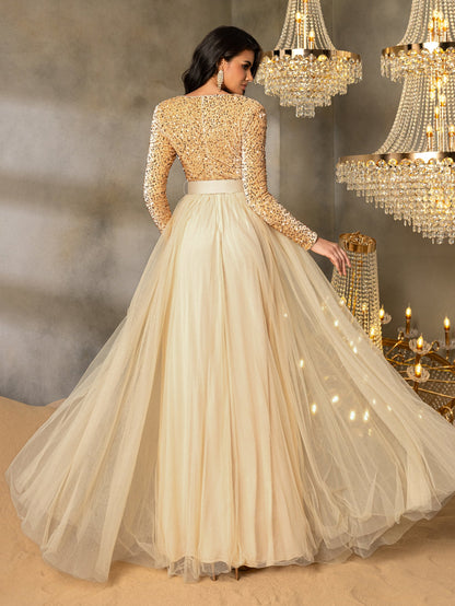 Elegant Sequin Long Sleeve V-Neck Evening Gown with Sheer Tulle Skirt, High Waist Belt | Flowy Formal Dress for Special Occasions