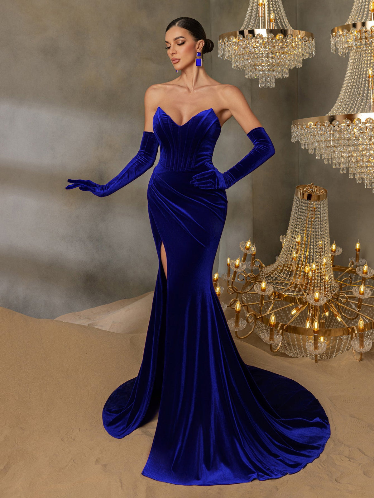 Additional product view of Ruched Wrap Gloves Included Strapless Velvet High-Slit Evening Gown