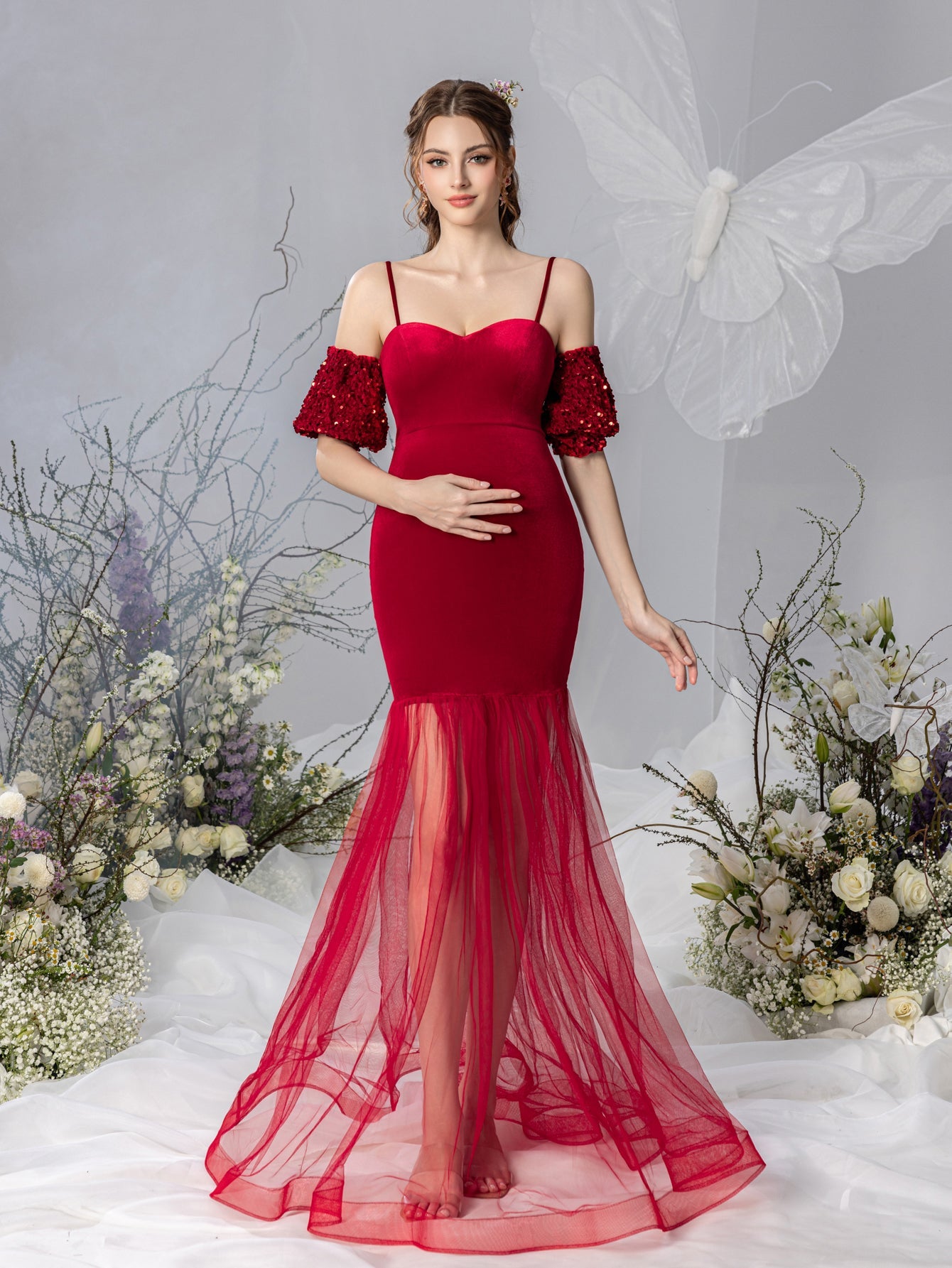 Maternity Spaghetti Strap Velvet Puff-Sleeve Mermaid Evening Gown — authorized product image 3