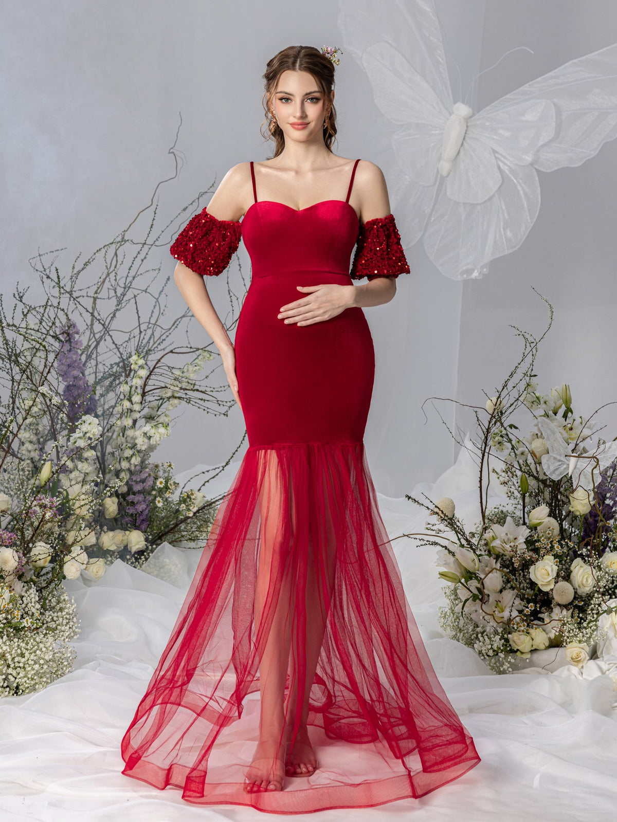 Maternity Spaghetti Strap Velvet Puff-Sleeve Mermaid Evening Gown — authorized product image 1