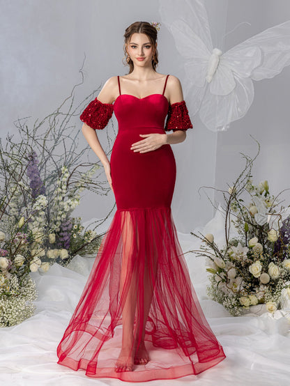 Maternity Spaghetti Strap Velvet Puff-Sleeve Mermaid Evening Gown — authorized product image 1