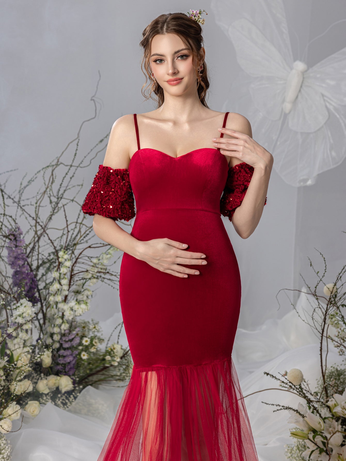 Maternity Spaghetti Strap Velvet Puff-Sleeve Mermaid Evening Gown — authorized product image 6