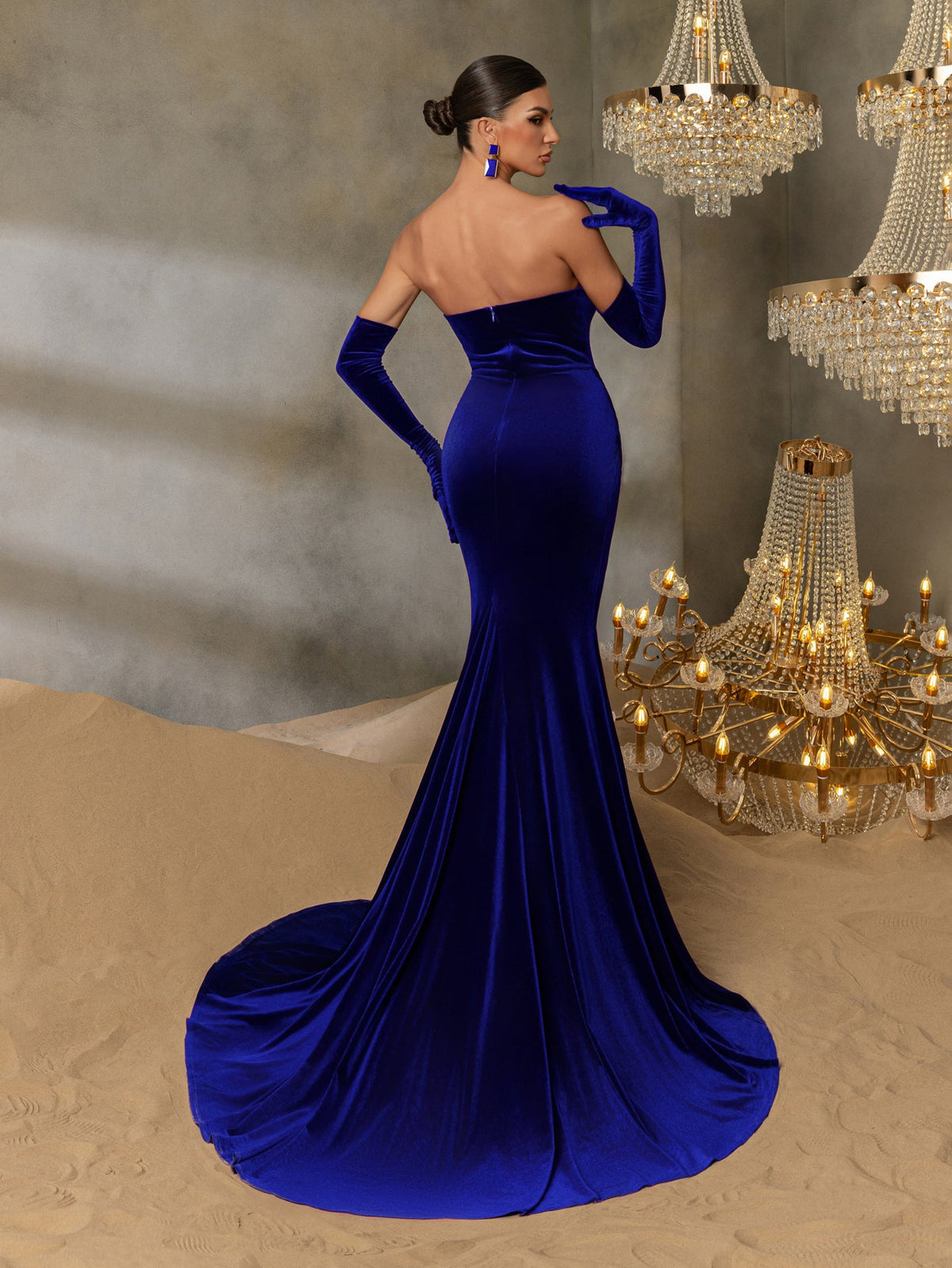 Additional product view of Ruched Wrap Gloves Included Strapless Velvet High-Slit Evening Gown