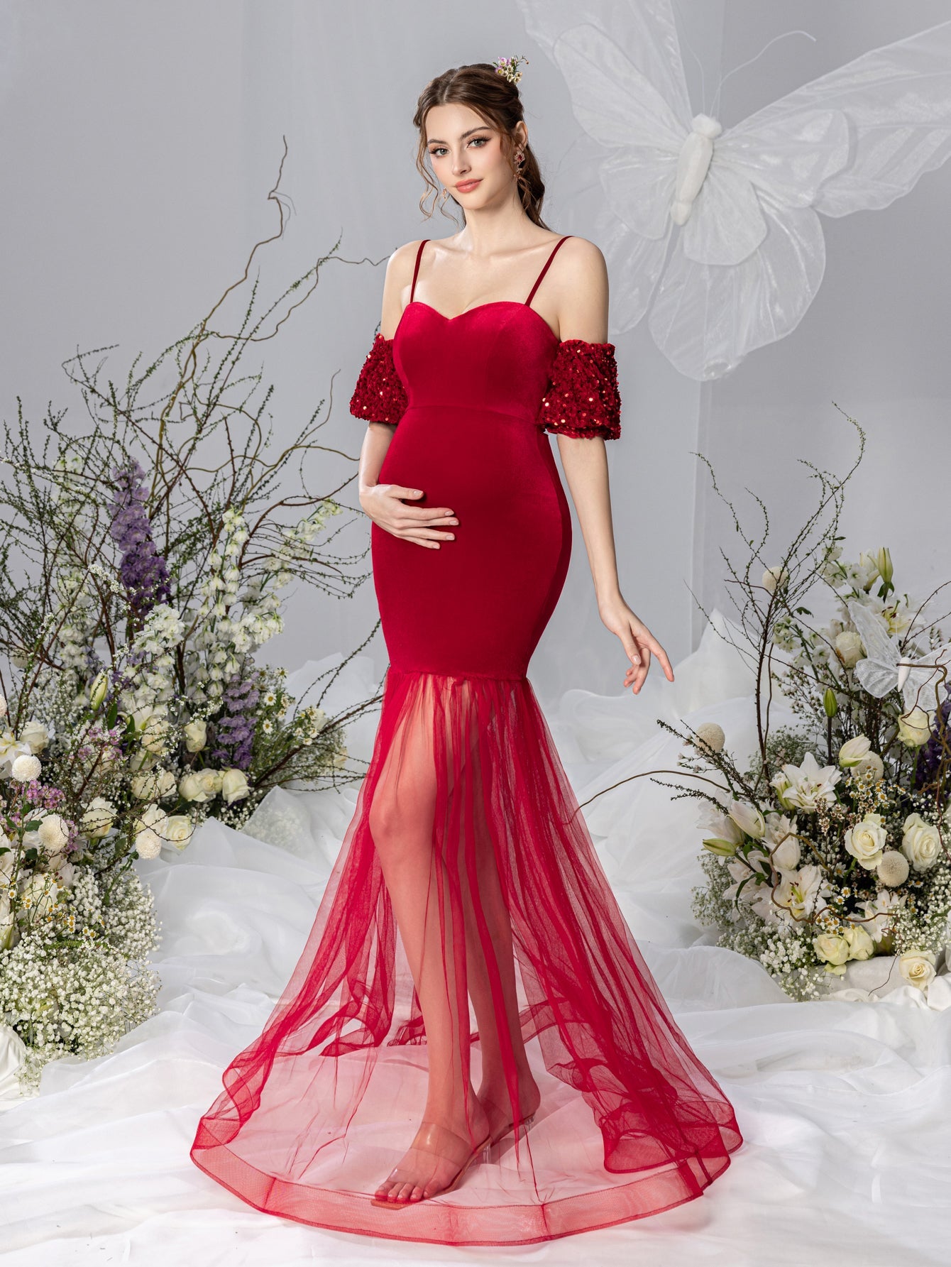 Maternity Spaghetti Strap Velvet Puff-Sleeve Mermaid Evening Gown — authorized product image 4