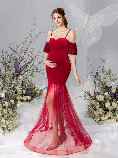 Maternity Spaghetti Strap Velvet Puff-Sleeve Mermaid Evening Gown — authorized product image 4