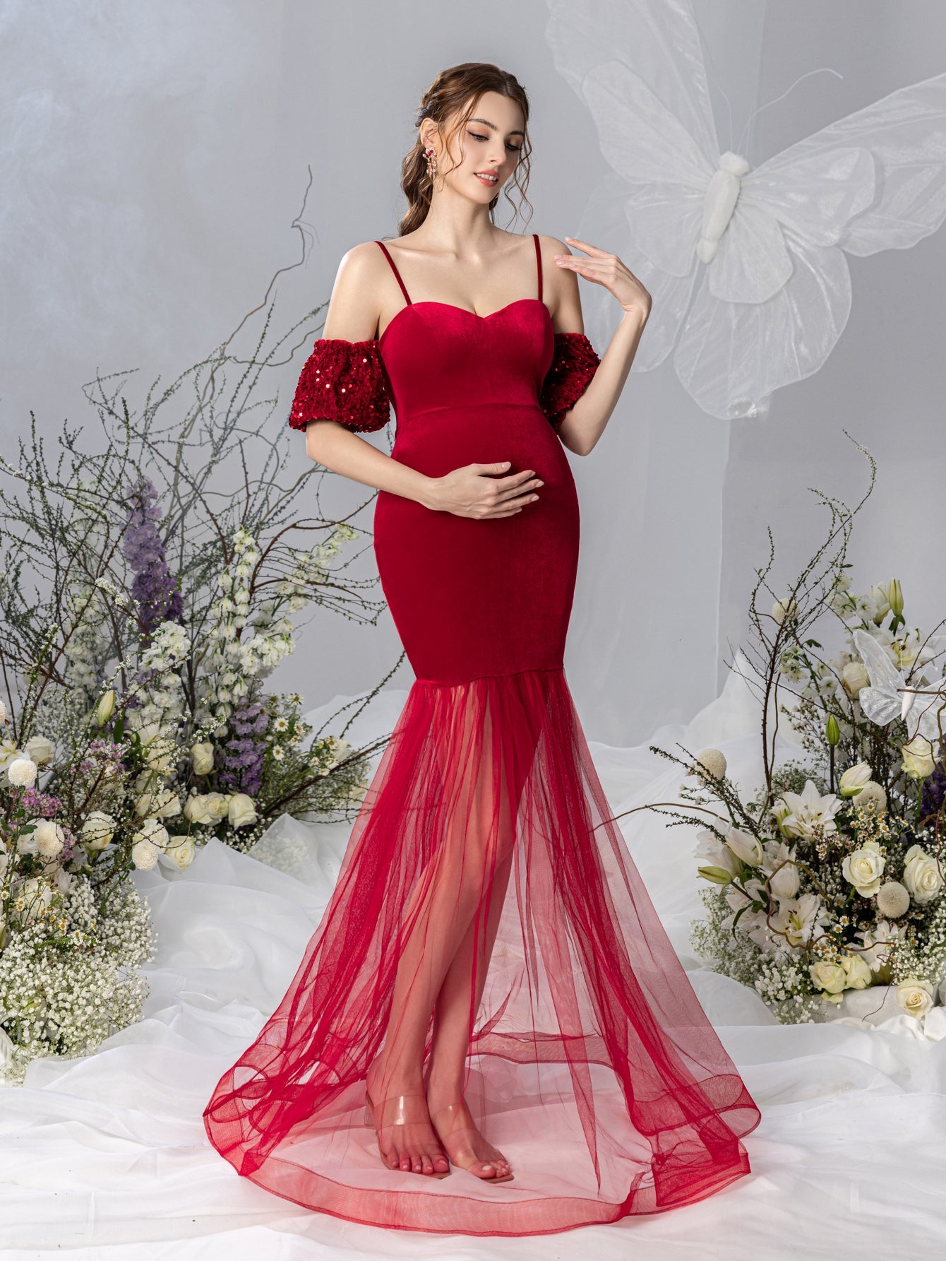 Maternity Spaghetti Strap Velvet Puff-Sleeve Mermaid Evening Gown — authorized product image 5