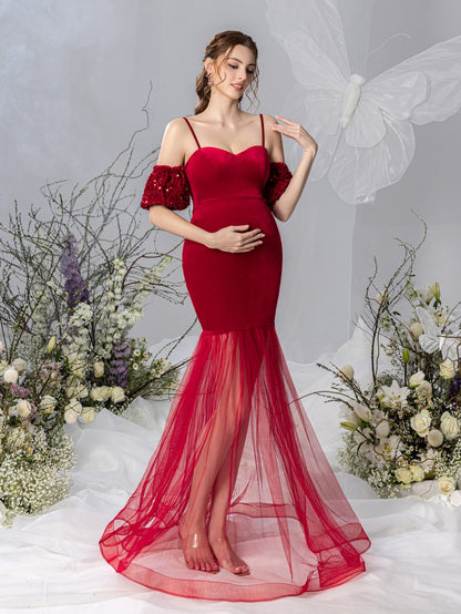 Maternity Spaghetti Strap Velvet Puff-Sleeve Mermaid Evening Gown — authorized product image 5