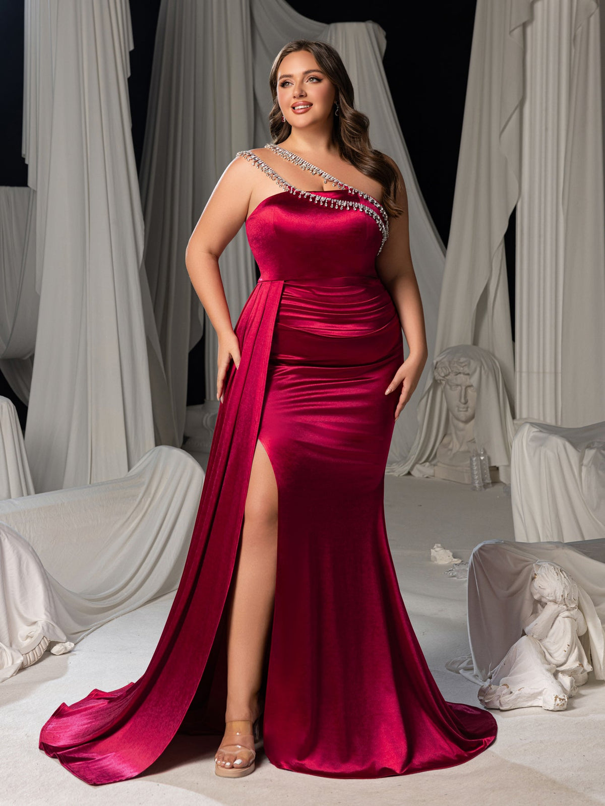 Plus-Size One-Shoulder Satin Rhinestone Sleeveless Mermaid Evening Gown — authorized product image 3