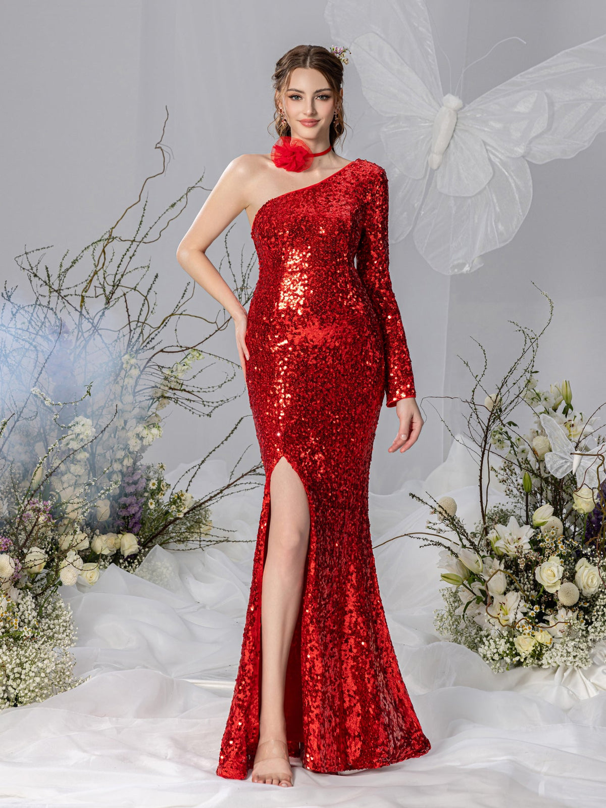 Maternity One-Shoulder Sequin High Slit Long-Sleeve Mermaid Evening Gown — authorized product image 3