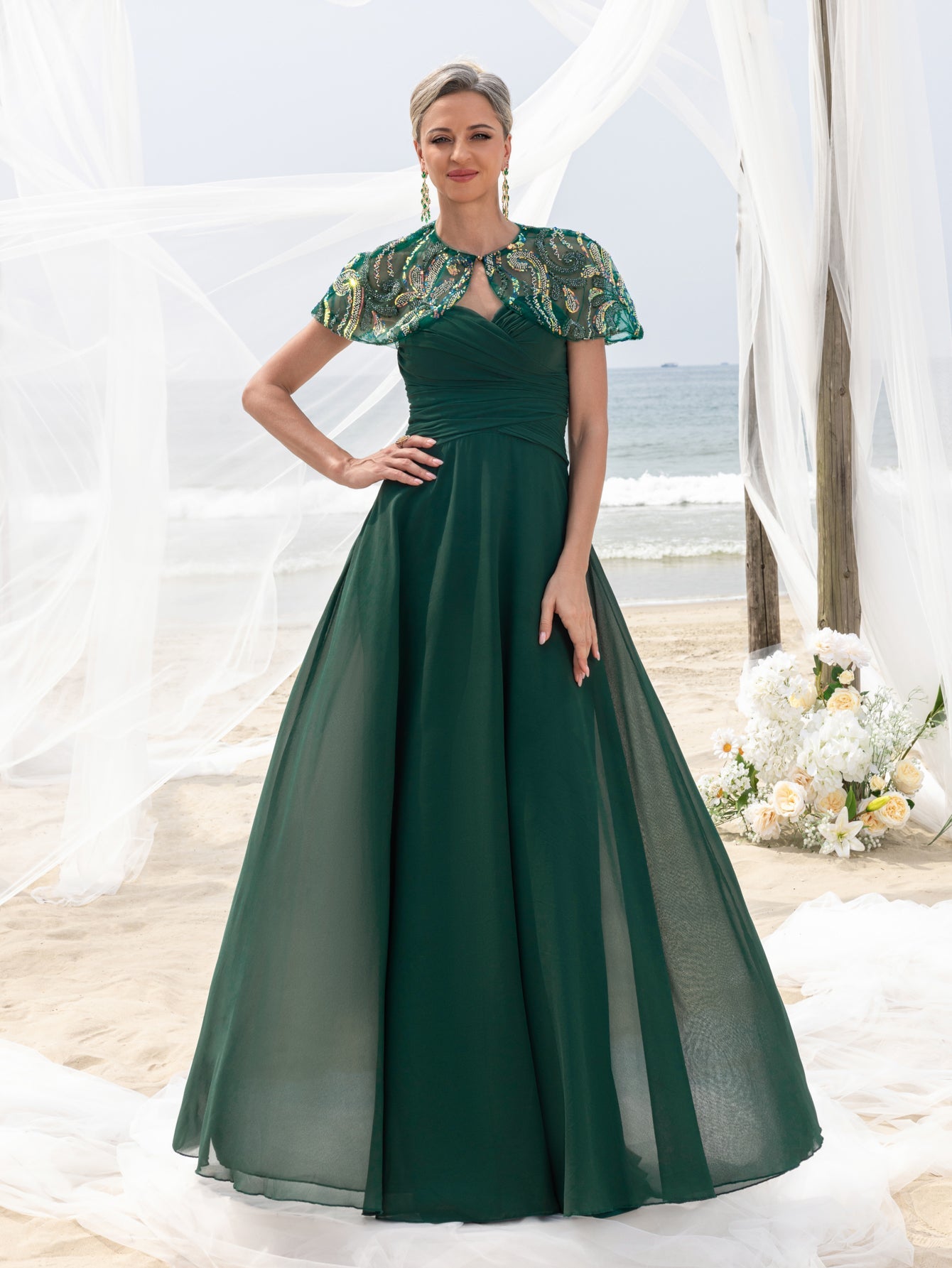 Women's Elegant Mother-of-the-Bride Gown Sets: Multicolor Sequin Cape & Strapless Chiffon Maxi Dress – view 3