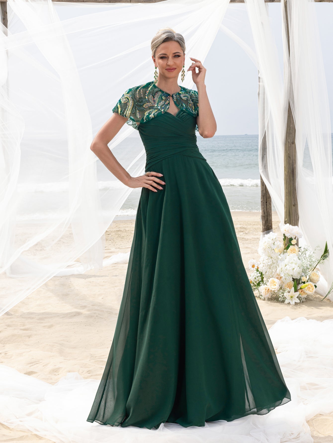 Women's Elegant Mother-of-the-Bride Gown Sets: Multicolor Sequin Cape & Strapless Chiffon Maxi Dress – view 6