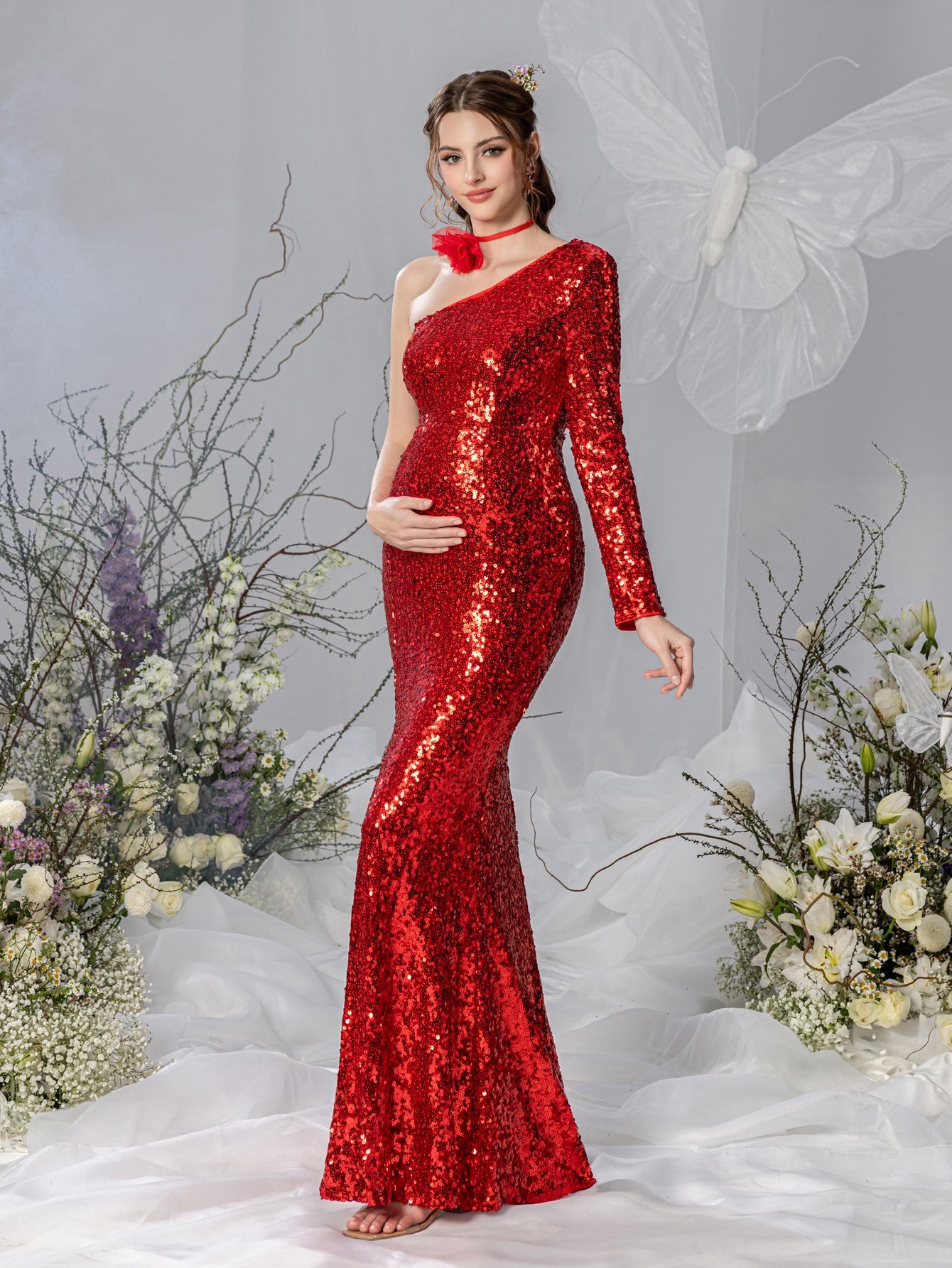 Maternity One-Shoulder Sequin High Slit Long-Sleeve Mermaid Evening Gown — authorized product image 5