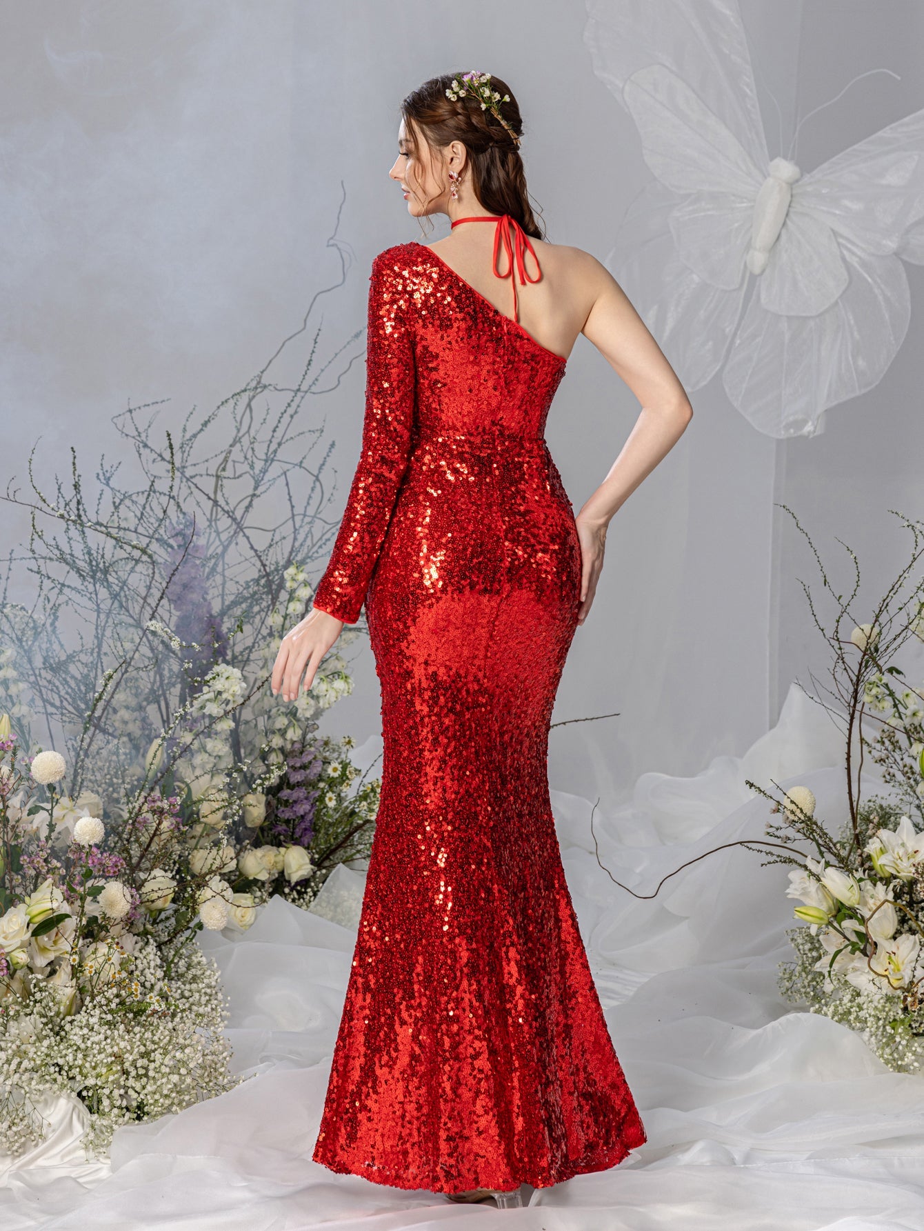 Maternity One-Shoulder Sequin High Slit Long-Sleeve Mermaid Evening Gown — authorized product image 2
