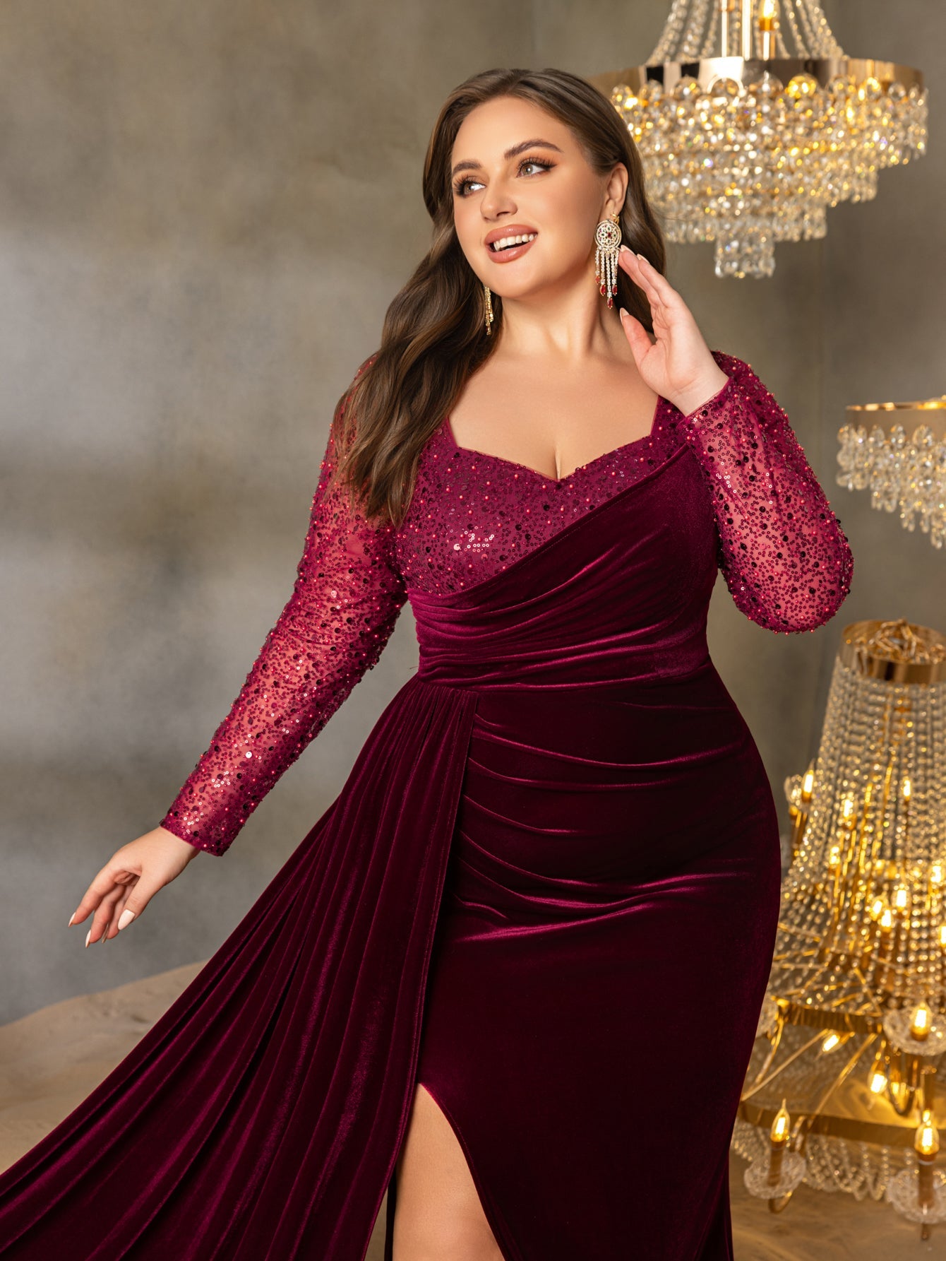 Plus Elegant Sweetheart Neck Contrast Sequin Mermaid Hem Velvet Evening Dress