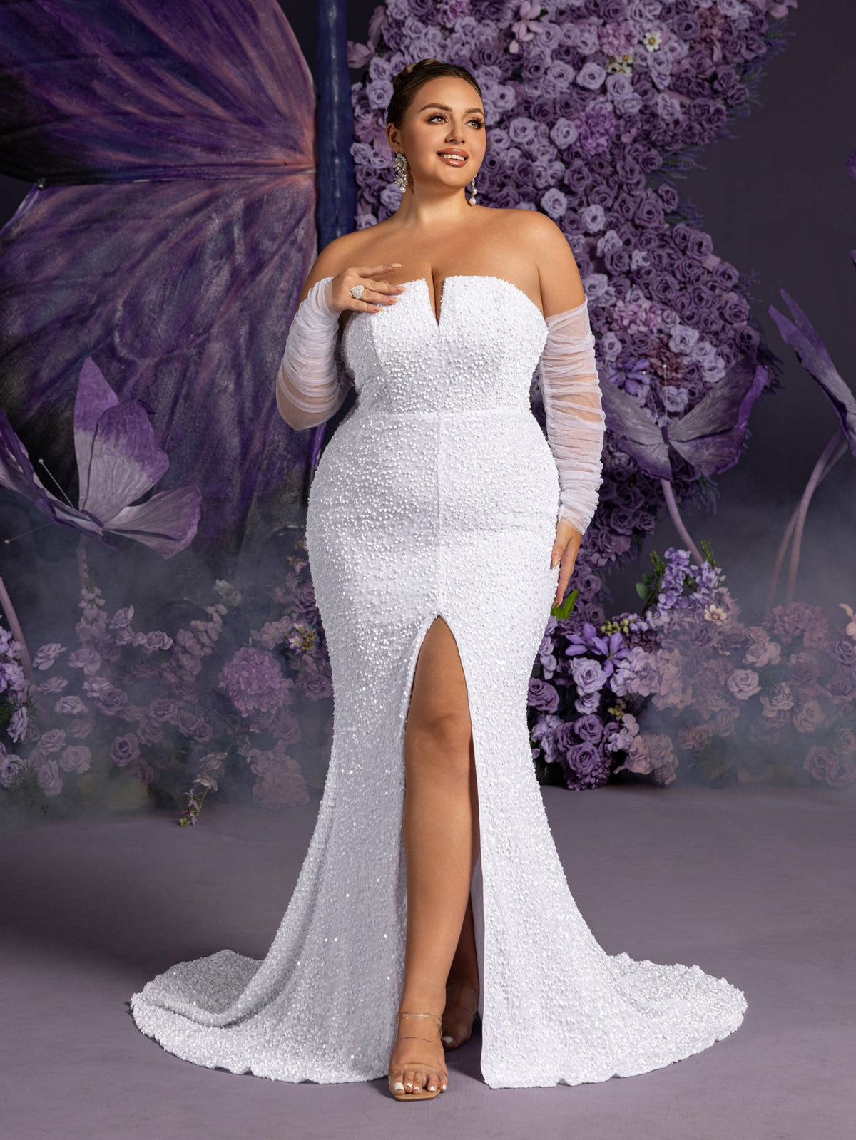 Additional product view of Mermaid Hem Plus-Size Strapless Long-Sleeve Sequin Wedding Dress