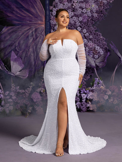 Additional product view of Mermaid Hem Plus-Size Strapless Long-Sleeve Sequin Wedding Dress