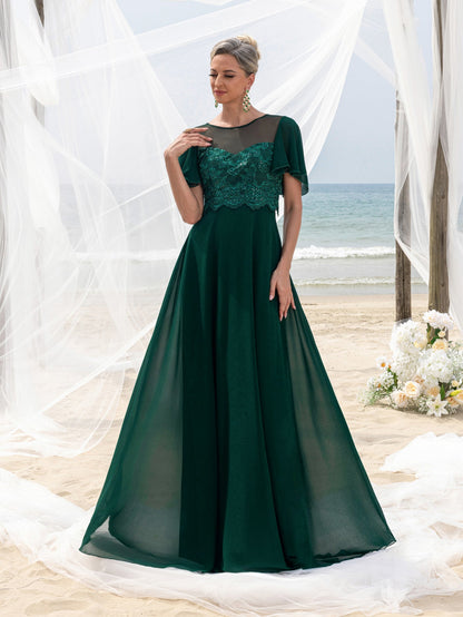 Women's Elegant Lace Floor-Length Evening Gown for Mother of the Bride – Flared Short Sleeves, Chest-to-Waist Lace Motifs, Voluminous Flowing Skirt for Beach Coastal Weddings &…