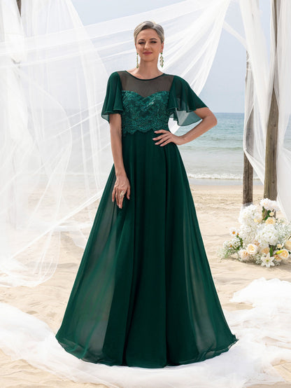 Women's Elegant Lace Floor-Length Evening Gown for Mother of the Bride – Flared Short Sleeves, Chest-to-Waist Lace Motifs, Voluminous Flowing Skirt for Beach Coastal Weddings &…