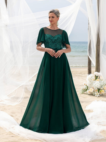 Women's Elegant Lace Floor-Length Evening Gown for Mother of the Bride – Flared Short Sleeves, Chest-to-Waist Lace Motifs, Voluminous Flowing Skirt for Beach Coastal Weddings &…