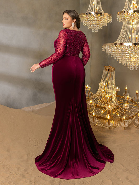Plus Elegant Sweetheart Neck Contrast Sequin Mermaid Hem Velvet Evening Dress