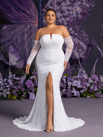 Additional product view of Mermaid Hem Plus-Size Strapless Long-Sleeve Sequin Wedding Dress