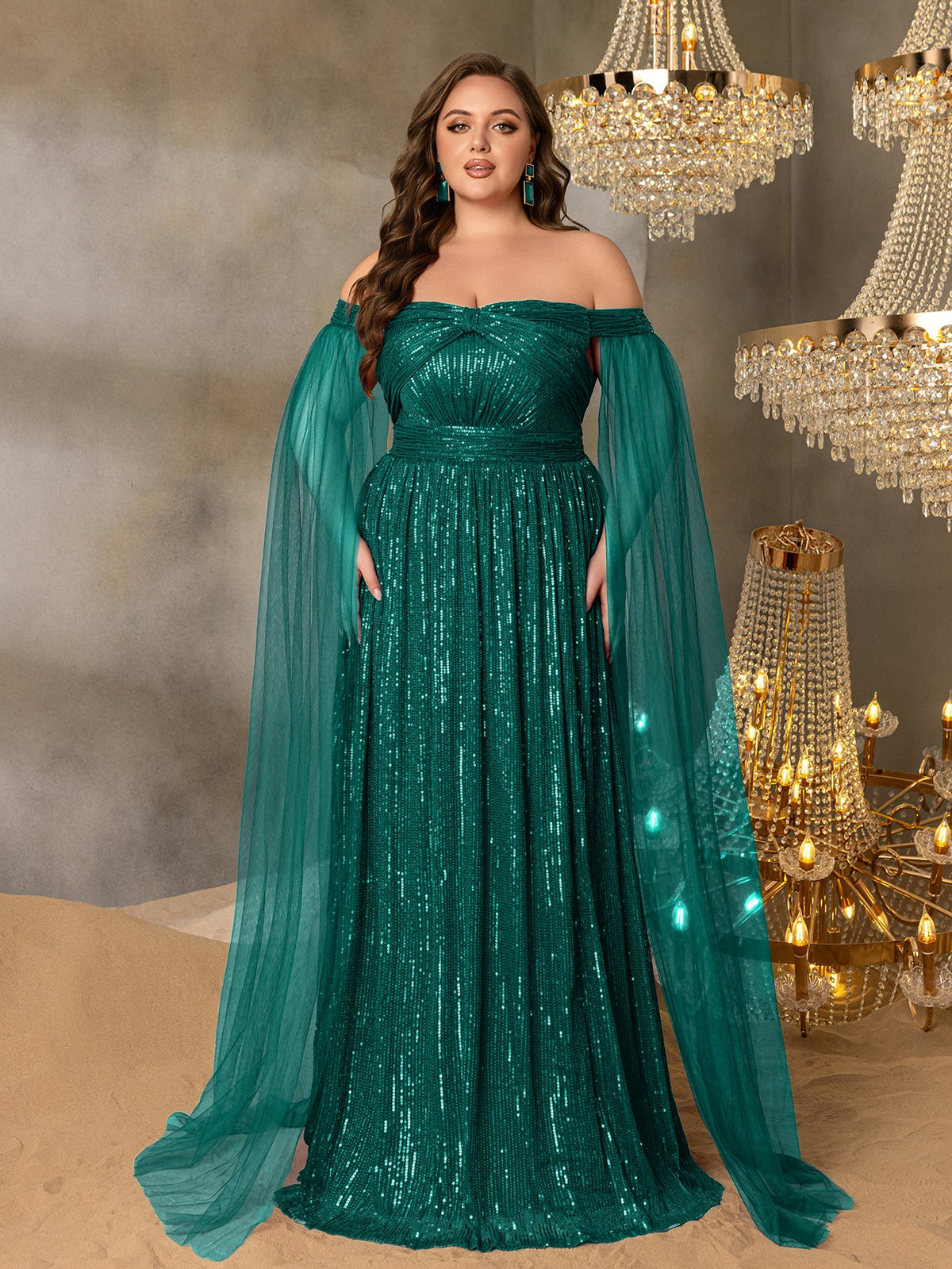 Plus Off-Shoulder Sequined Gown with Flowing Cape – Luxury Evening Wear for Weddings or Red Carpet Events, 1XL-5XL