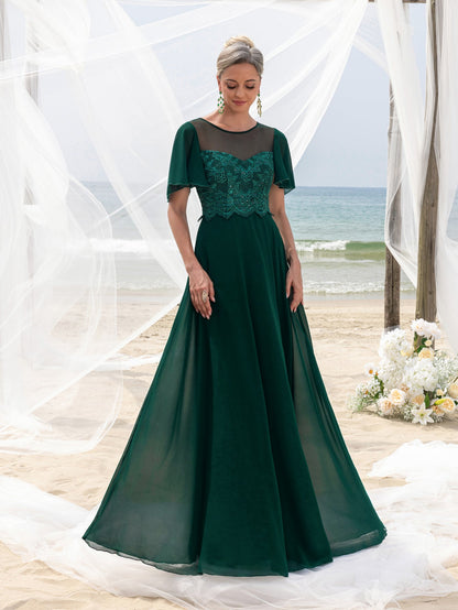 Women's Elegant Lace Floor-Length Evening Gown for Mother of the Bride – Flared Short Sleeves, Chest-to-Waist Lace Motifs, Voluminous Flowing Skirt for Beach Coastal Weddings &…