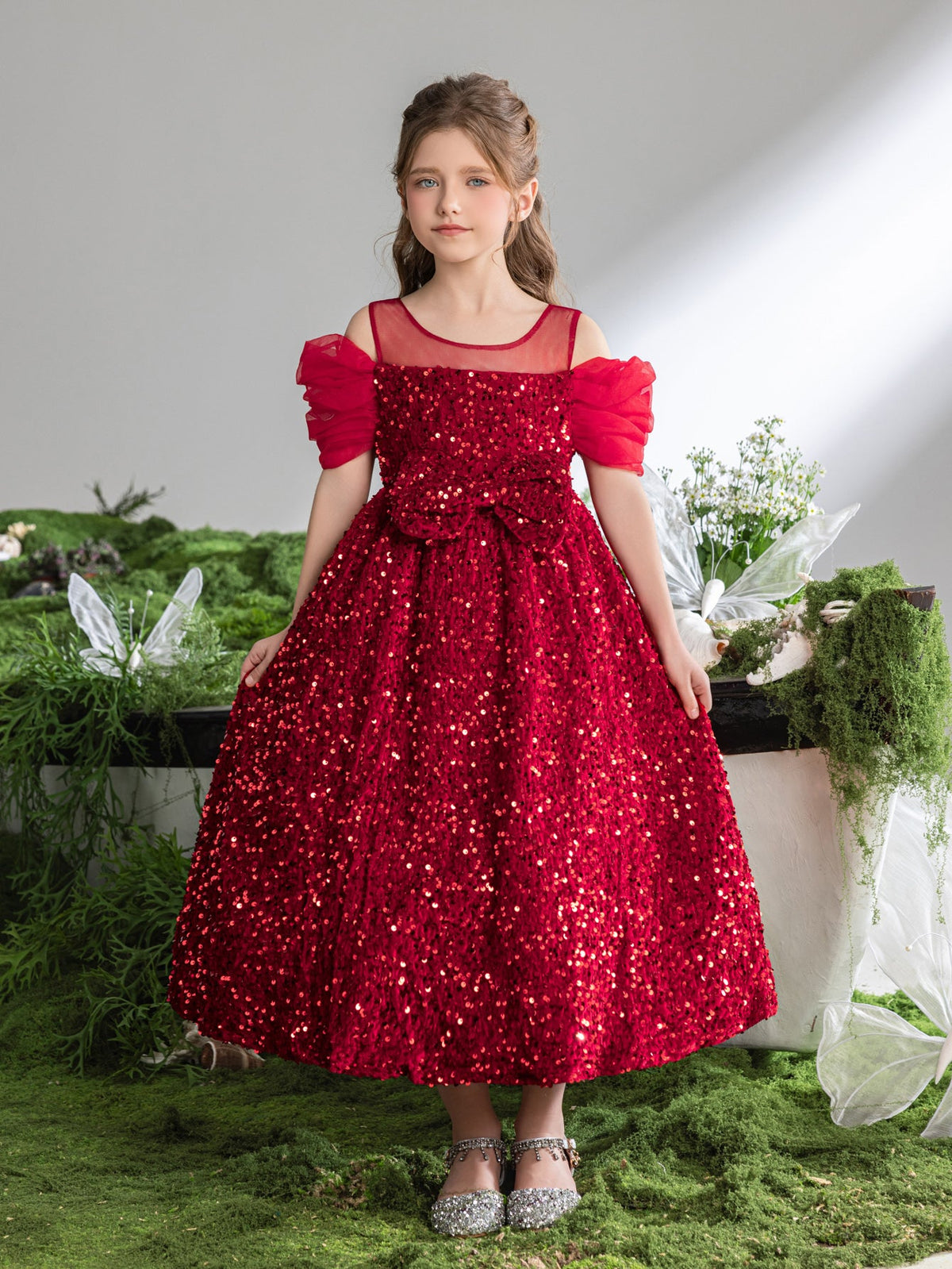 Tween Girls' Round Neck Sequin Bow Short-Sleeve A-Line Formal Gown — authorized product image 1