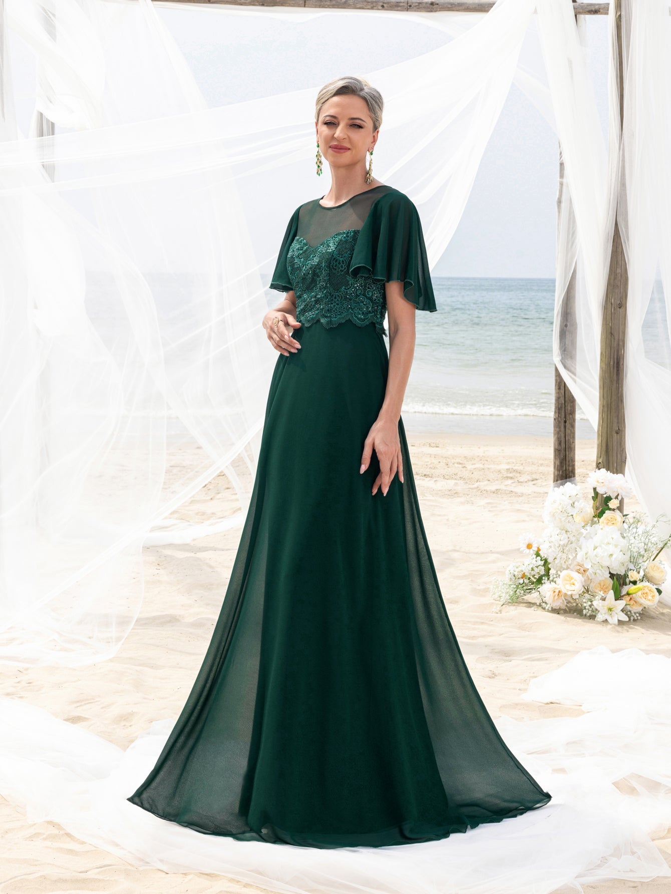 Women's Elegant Lace Floor-Length Evening Gown for Mother of the Bride – Flared Short Sleeves, Chest-to-Waist Lace Motifs, Voluminous Flowing Skirt for Beach Coastal Weddings &…
