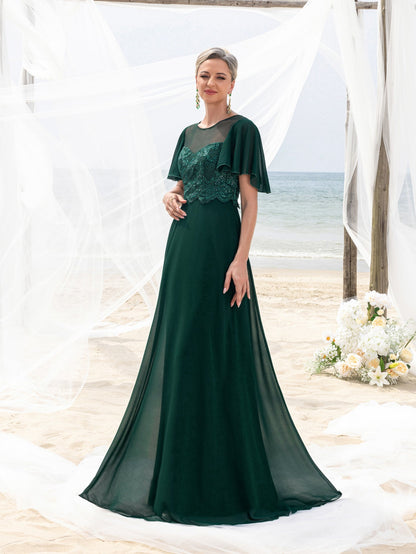 Additional view of Mother-of-the-Bride Lace Short-Sleeve A-Line Evening Gown