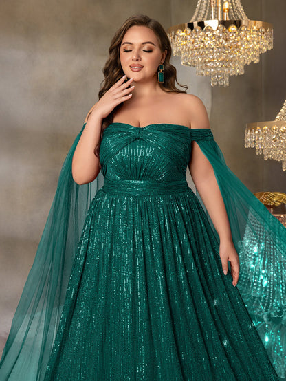 Plus Off-Shoulder Sequined Gown with Flowing Cape – Luxury Evening Wear for Weddings or Red Carpet Events, 1XL-5XL