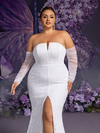 Additional product view of Mermaid Hem Plus-Size Strapless Long-Sleeve Sequin Wedding Dress