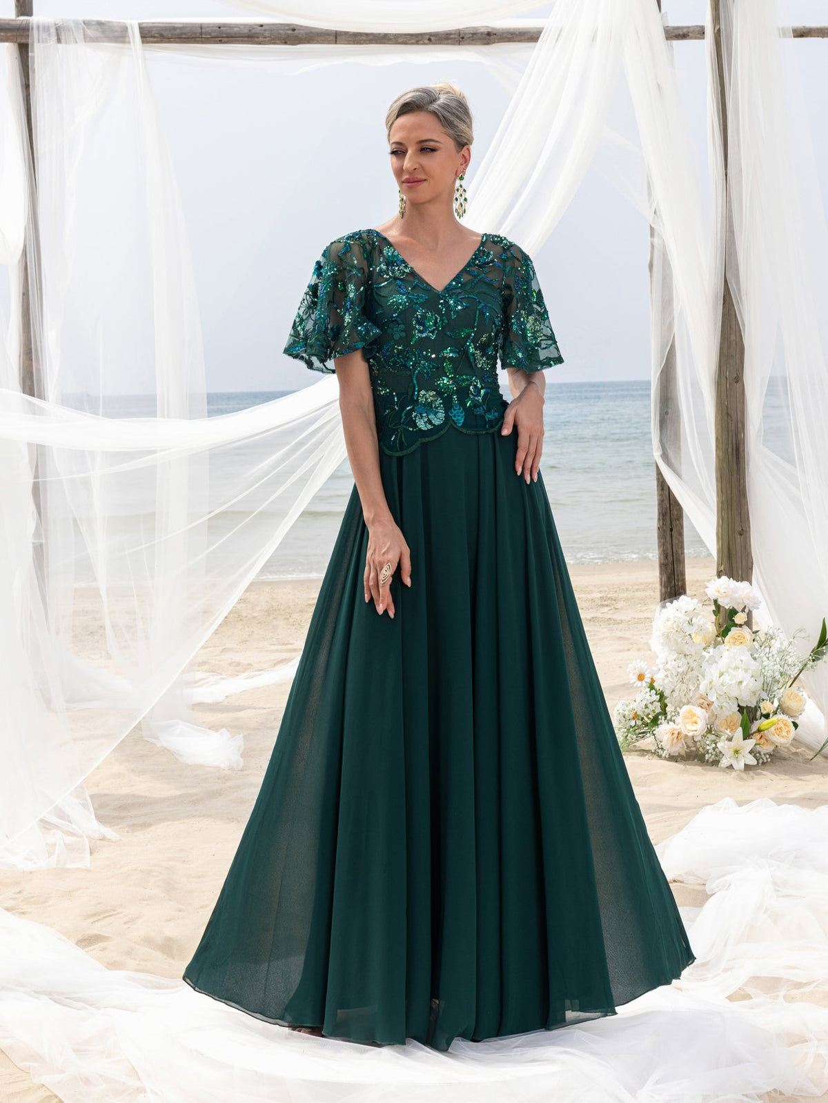 Additional product view of Chiffon Skirt V-Neck Short-Sleeve A-Line Sequin Mother-of-the-Bride Dress