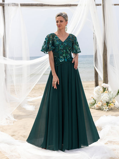 Additional product view of Chiffon Skirt V-Neck Short-Sleeve A-Line Sequin Mother-of-the-Bride Dress