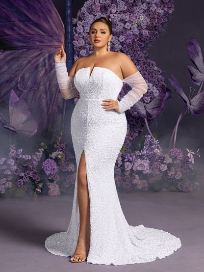 Additional product view of Mermaid Hem Plus-Size Strapless Long-Sleeve Sequin Wedding Dress
