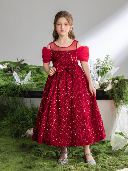 Tween Girls' Round Neck Sequin Bow Short-Sleeve A-Line Formal Gown — authorized product image 5