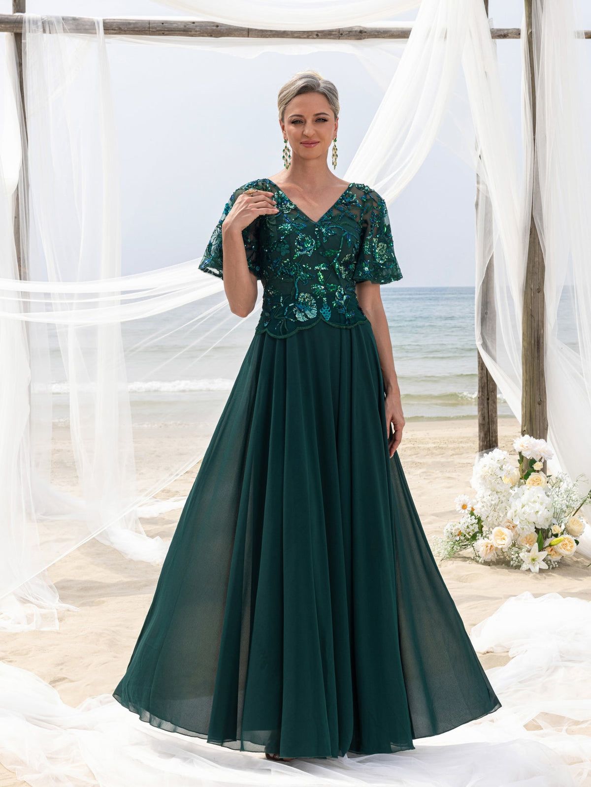 Additional product view of Chiffon Skirt V-Neck Short-Sleeve A-Line Sequin Mother-of-the-Bride Dress
