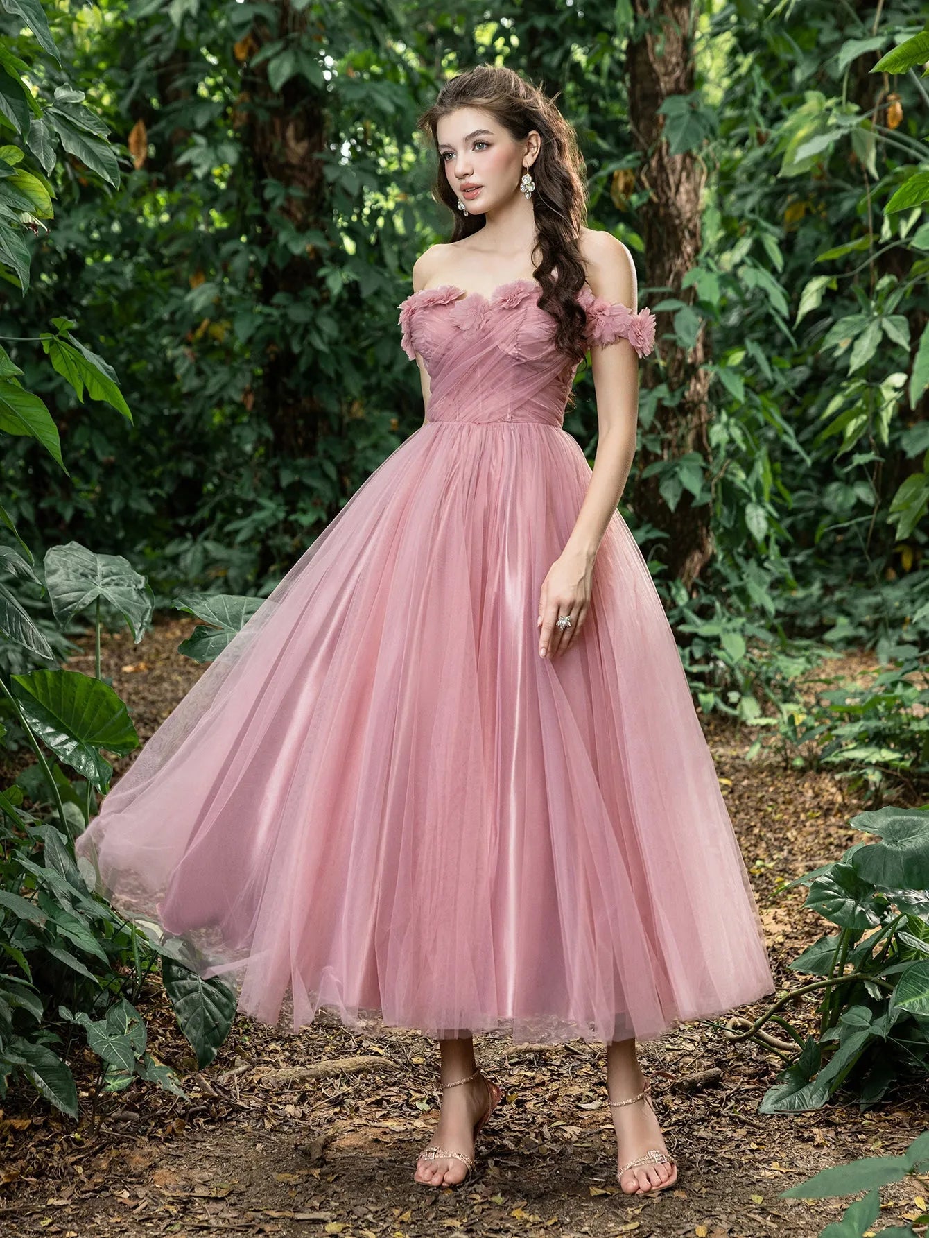 Additional product view of Off-Shoulder Tulle Appliqué A-Line Short-Sleeve Midi Formal Dress