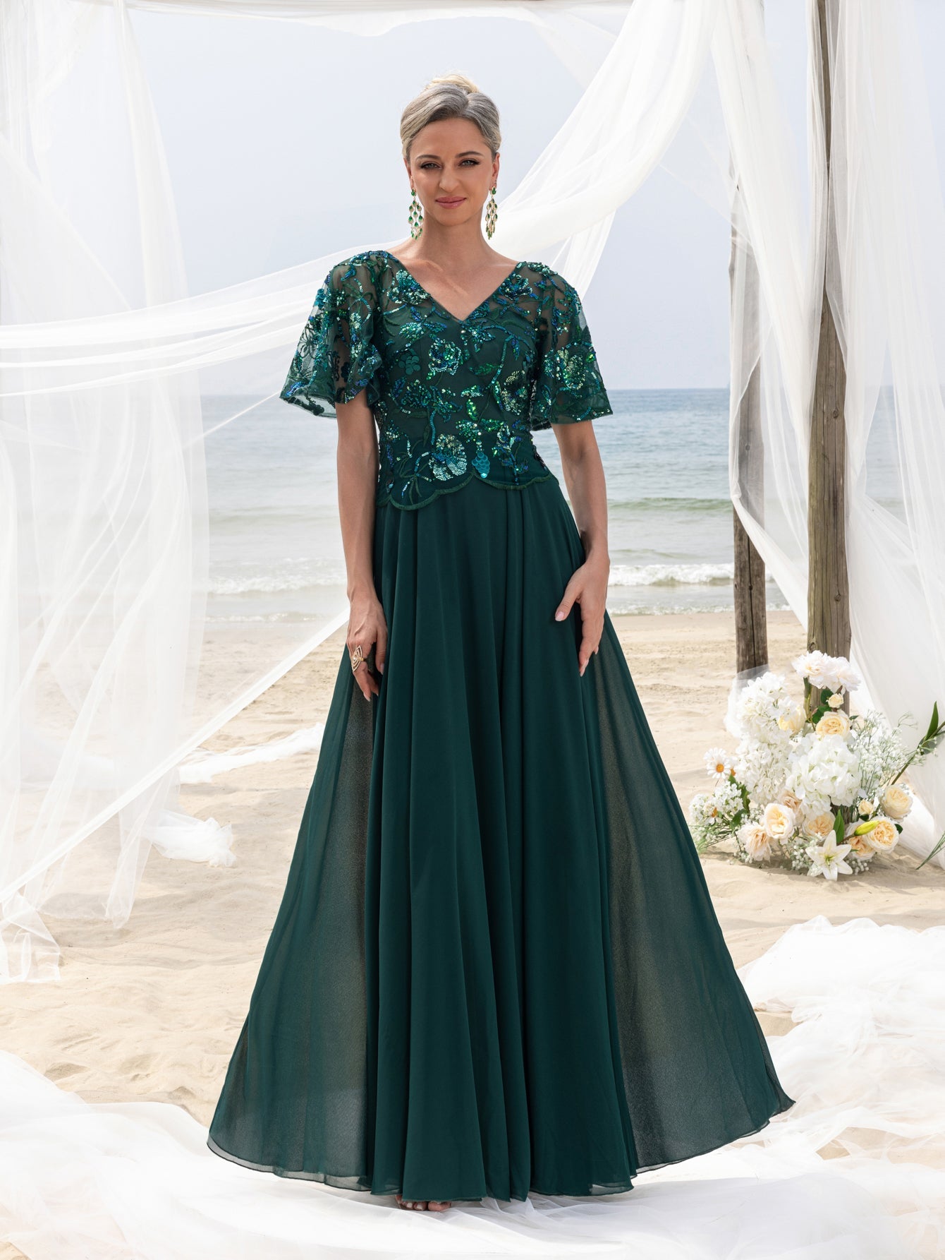 Additional product view of Chiffon Skirt V-Neck Short-Sleeve A-Line Sequin Mother-of-the-Bride Dress