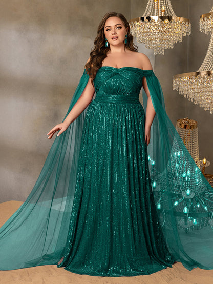 Plus Off-Shoulder Sequined Gown with Flowing Cape – Luxury Evening Wear for Weddings or Red Carpet Events, 1XL-5XL