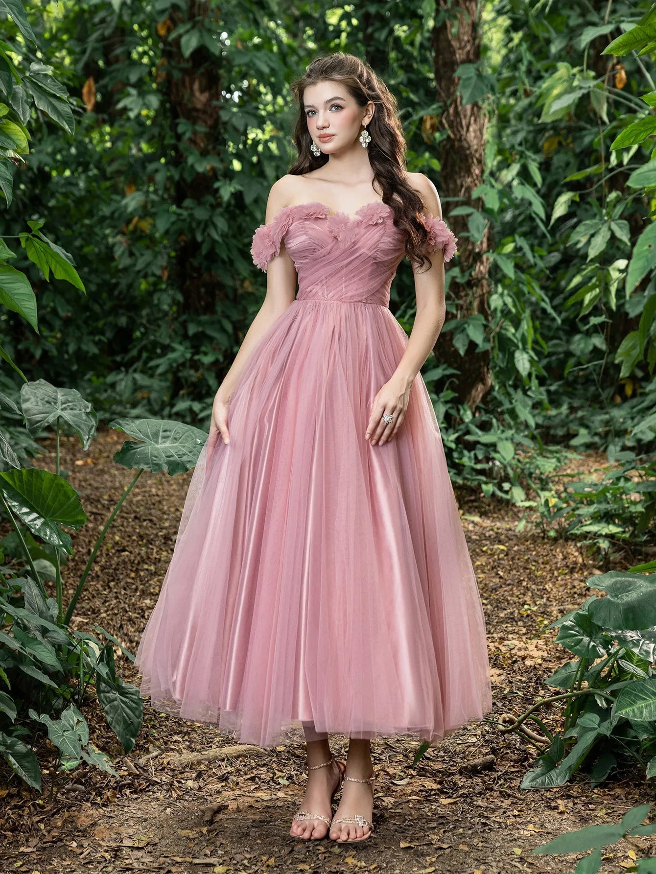 Additional product view of Off-Shoulder Tulle Appliqué A-Line Short-Sleeve Midi Formal Dress