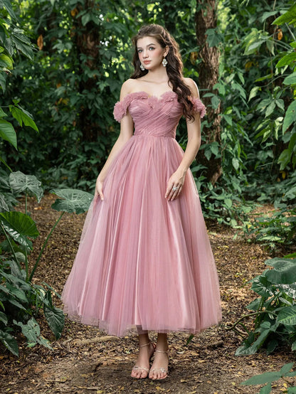 Additional product view of Off-Shoulder Tulle Appliqué A-Line Short-Sleeve Midi Formal Dress