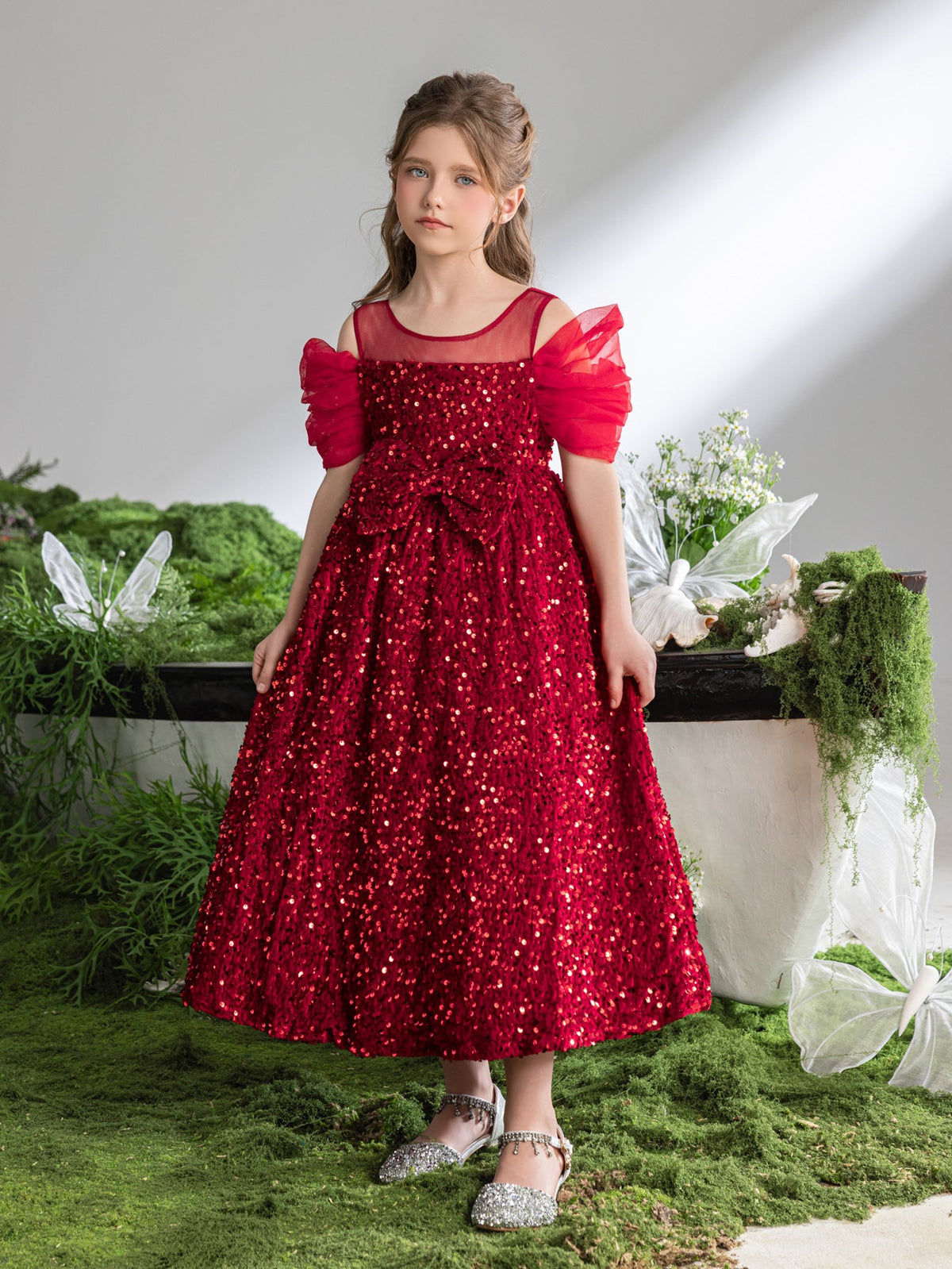 Tween Girls' Round Neck Sequin Bow Short-Sleeve A-Line Formal Gown — authorized product image 3