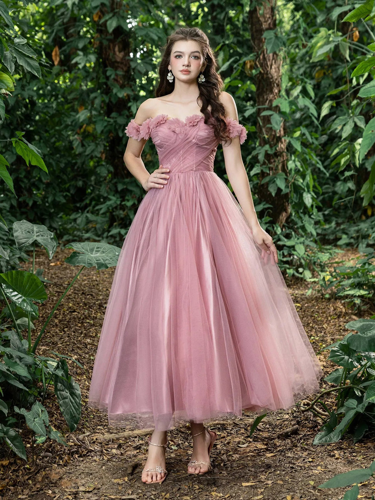 Additional product view of Off-Shoulder Tulle Appliqué A-Line Short-Sleeve Midi Formal Dress
